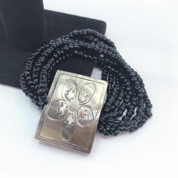 Necklace Bracelet Mother of Pearl Black Set Lot Multistrand Beaded Carved Flower - Picture 2 of 10